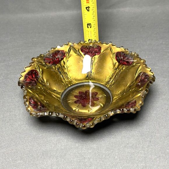 Antique Goofus Glass Scalloped Bowl Gold-Paint Gold Over Red Flowers-Circa 1900s - Picture 6 of 8